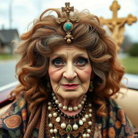 A Fringe Religious leader, She looks like an old (very, very elderly) decrepit movie star from the 1930's that should have faded into obscurity, Mu-Mu's, huge brown wigs, eyelashes you could cut frozen meat with, and a gallon of mascara every three hours. And the jewelry! She is driven around in a immense private car from the 70's with a massive fiberglass crucifix on the top, and scenes from her made up 'religion' on the side of the car. I'm not sure that she isn't a he...