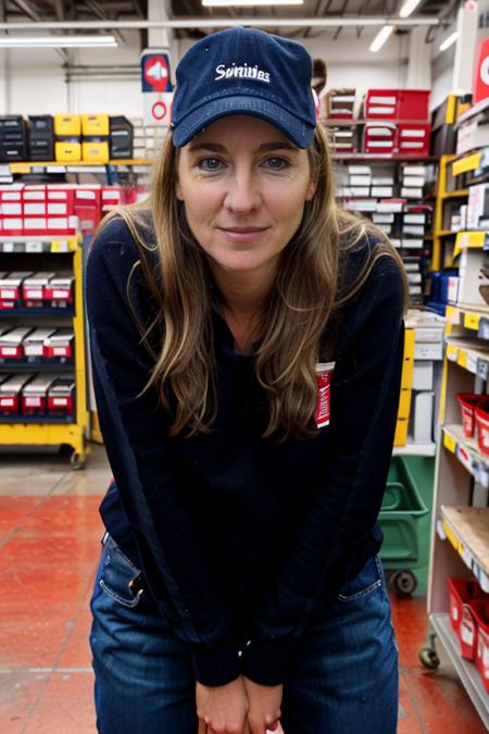 <lora:VC:1.0> masterpiece, best quality, detailed face, 1girl, realistic, solo, a 40 year old, mature,  v1873c, long_hair, blonde_hair, in a hardware shop, drills, mechanical, jumper, jeans