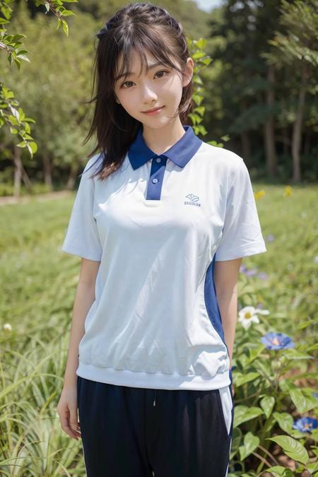 (4k, best quality), (realistic, photo-realistic),(vgirl),
1girl, solo,upper body,  (facing viewer),close-up,
perfect hands,(looking_at_viewer),(smile),
in (white shirt with blue collar, black sweatpant),
nature, on_grass,flower_field,forest, <lora:vgirl_v11:0.7> ,<lora:ShenzhenUniform_v10:0.45>