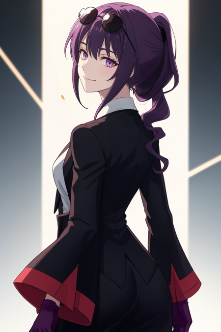 <lora:Kafka-01:1>, kafka, purple eyes, purple hair, long hair, looking at viewer, smile, shirt, black jacket, gloves, long sleeves, closed mouth, white shirt, ponytail, sidelocks, black gloves, looking back, from behind, sunglasses, eyewear on head