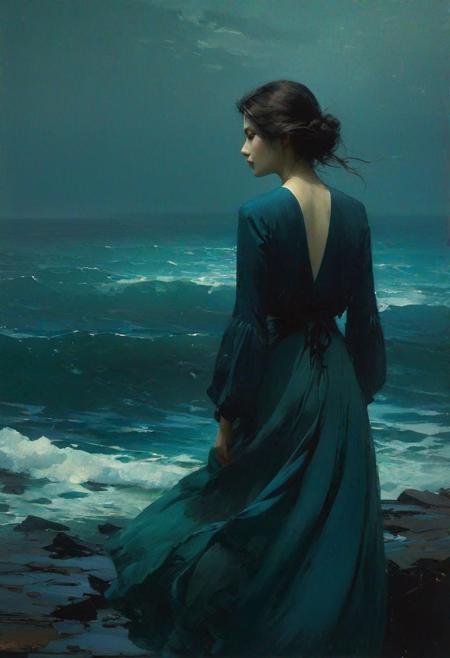 girl and sea, realistic style, deep sea colour palette, faded colors, Vrubel, Kuindzhi::0.7, Jeremy Mann::1.2