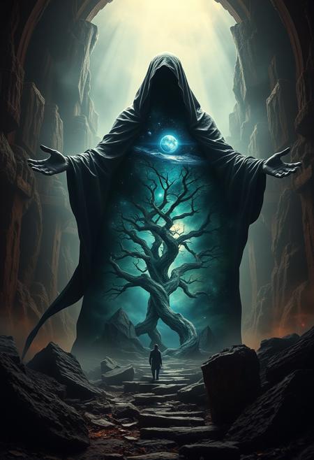 A universe inside a dark cloaked figure within mysterious landscape in an unfathomable realm of fantastic creation inhabited by ancient shadows of a forgotten time beyond the gate of the gateless gate where life is limitless, light is shadow and shadow is light, eerie sense, horror, spark of the beginning, existence and nonexistence at once, ethereal, outstretched arms, behold the end of the beginning, inglorious glory to the dark one, betrayal of the ancient order, beware the 7headed beast, destroyer of the old ways, bearer of the unbearable, nightmarish, archaic runes, tree aging backwards, breath of the gods, ruins of a place unimagined, extreme intricate detail, photorealistic, beyond epic scene, fate discarded, unseeable face of god, the end is the beginning, the beginning is the end, man arises as god dies, as above so below, as below so above, emerald tablet, thoth, guardian and saboteur of existence, hopeless hope, ghosts of the unborn, conception of the inconceivable, cosmic well of imperceptible perception, evil aura