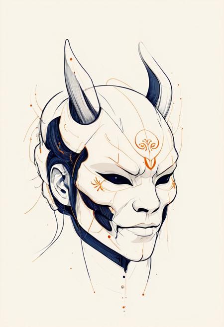 (S1n0z1ck Style) A digitally rendered illustration features a samurai adorned with a futuristic, cybernetic oni mask, expertly portrayed using a minimalistic warm flat color palette, ArsMJStyle, Minimalist Line Art