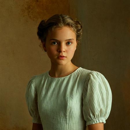 UHD, 4k, ultra detailed, cinematic, a photograph of cinematic film still of cinematic film still of <lora:add-detail-xl:0.1>1
<lora:detailed:0.3> realism
<lora:perfection style:0.2> perfect
<lora:eyetune:0.6>
<lora:xl_more_art-full_v1:0.1>
<lora:Ron Fricke style:0.3>
<lora:Unreal Engine style:0.3>
<lora:TeethXL:0.3>
<lora:Chiaroscuro Lighting Style:0.3> Chiaroscuro Lighting Style
 <lora:Hollywood Anamorphic format film style:1> Hollywood Anamorphic format film style, wide screen:1
 <lora:Three-quarter view style:1>
Three-quarter profile view 3/4 angle view of a painting of a young girl in a dress, profile view, movie themed, sharp, detailed, epic cinematic photography, artistic, dramatic light, cinematic color style, Kodak film style, Three-quarter view style, 1girl, solo, short hair, brown hair, dress, closed mouth, upper body, puffy sleeves, lips, traditional media, brown background, realistic, painting (medium), shirt, looking to the side, perfect side view, perfect profile view,renaissance,15th and 16th centuries
, epic, beautiful lighting, inpsiring