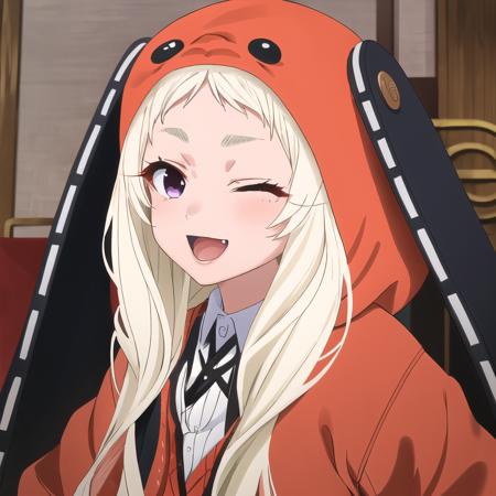 masterpiece, best quality, ultra-detailed, 1 girl,  yomozuki runa, blonde hair, purple eyes, long hair,  kigurumi, black animal ears, red school uniform, wink, eye closed