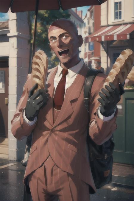 masterpiece, solo, upper body, tf2spy, redteam, facial hair, detailed eyes, red suit, red necktie, glack gloves, front view, open mouth, smiling, laughing, detailed background, outdoors, smiling, (holding baguette), baguettes everywhere, giant baugette, looking at viewer, <lora:spylorav1:0.8>