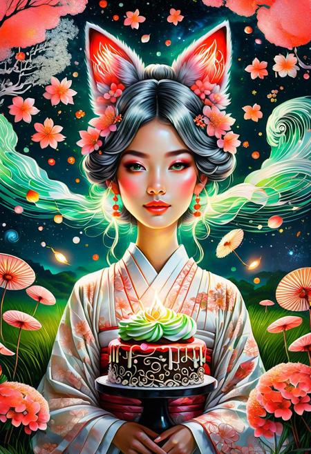 white skirt, red neon black hair, black T-shirt, red neon flowers, sleep, leaning on a tree, blue flowers, green cozy grass, galaxy sky, night, dark theme, realistic, , describe the world after taking psychedelic drugs  
 snow cake extrodinaire fleeting, ethereal, extreme detailed, masterpiece, anime art, an extremely delicate and beautiful, 25 years woman, white hair, bun hairstyle, white fox ears, yellow eyes, kimono, hair flower, white background, red heart, alluring, sparkling, artistic, mysterious, delicate, zavy-hrglw, Hyperdetailed Wildlife Photography, (detailed face), reflection, (lots of details:1.2), (sharp focus:1.2), a with long curly neon yellow hair, Louis Royo's works, watercolor painting, bright, beautiful Moa Kikuchi in summer, splash, big perfect brown eyes, long black braids, sparkling, cute and charming, filigree, scarlet flowers, backlight at the edges, lights, extremely fluffy, magical, surreal, fantasy, digital art, wlop, artgerm and James Jean, fiction, golden ratio, trending on cgsociety, intricate, epic, trending on artstation, highly detailed, vivid, cinematic character transfer, ultra-high quality model
(lightpink_blunt_bangs_bunches),A cyber-couture revelation unfolds with a data-driven diva adorned in holographic haute couture complex, black-and-white, twisted, by Graham Sutherland, Dan Mumford, Massimo Vitali, Hikari Shimoda, Xanti Schawinsky, (professional, intricate details, masterpiece, best quality:1.5) Ink illustration on parchment.