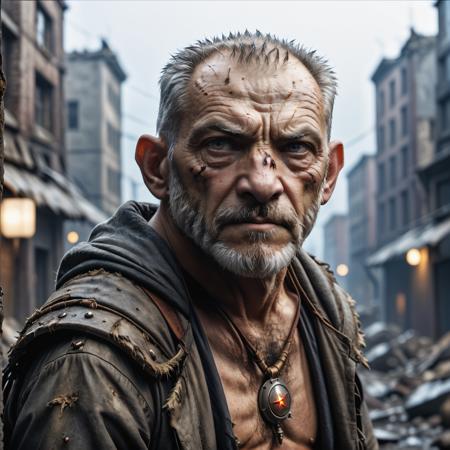 cinematic photo sad old man in a post apocalyptic destroyed city after nuclear blast, newdawn, closeup, high quality photography, 3 point lighting, flash with softbox, 4k, Canon EOS R3, hdr, smooth, sharp focus, high resolution, award winning photo, 80mm, f2.8, bokeh , detailed, realistic, 8k uhd, high quality, high quality photography, 3 point lighting, flash with softbox, 4k, Canon EOS R3, hdr, smooth, sharp focus, high resolution, award winning photo, 80mm, f2.8, bokeh . 35mm photograph, film, bokeh, professional, 4k, highly detailed, high quality photography, 3 point lighting, flash with softbox, 4k, Canon EOS R3, hdr, smooth, sharp focus, high resolution, award winning photo, 80mm, f2.8, bokeh