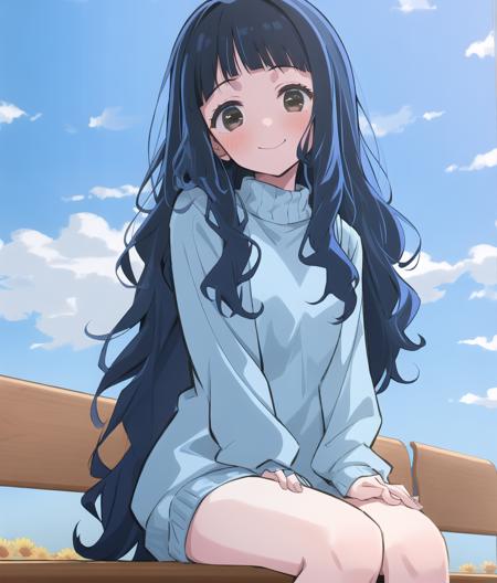 SumiYuki; fanart; 1girl, black hair, sweater, red ribbon, ((hand between legs)), very long hair, blue background, cloud, ribbon, blue sweater, long hair, smile, looking at viewer, blush, blue sky, park, sitting, flowers, thigh, bench, from below, road, japanese street 
<lyco:oshinoko-s1-step-60000:1.0> <lyco:GoodHands-beta2:1.0>