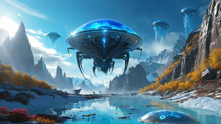 alien landscape, Biomechanical towering metallic giants, Floating islands amidst radiant azure skies, Thundering avalanches cascading down icy slopes , alien [fauna:flora:0.5], Global illumination, <lora:d\EnvyLiminalXL01:0.7> liminal, <lora:fracolor:0.7> fracolor, <lora:MJ52:0.4>