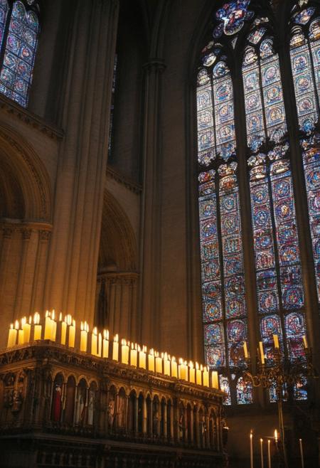 Close-up photo, colorful interior stained glass windows of a Notre Dame Church in Paris cathedral forming a jet of light, evening with golden lighting, professional quality, studio lighting with candles. Photo realistic, natural ambient lighting, intricate details, 35mm photography, film, professional, 32k visuals, highly detailed, elegant, studio quality, cathedral