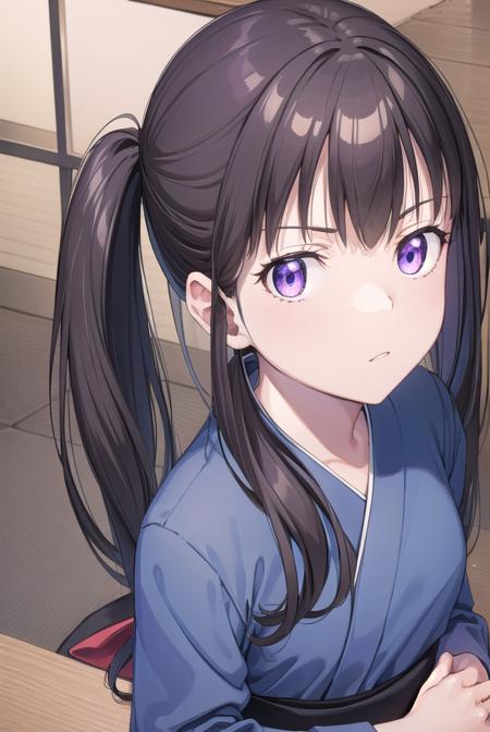 takinainoue, <lora:takinainouechickeiii-lora-nochekaiser:1>, 
inoue takina, long hair, bangs, twintails, black hair, (purple eyes:1.2),
BREAK japanese clothes, kimono, apron, waist apron, blue kimono, waitress,
BREAK indoors, cafe,
BREAK looking at viewer, (cowboy shot:1.5),
BREAK <lyco:GoodHands-beta2:1>, (masterpiece:1.2), best quality, high resolution, unity 8k wallpaper, (illustration:0.8), (beautiful detailed eyes:1.6), extremely detailed face, perfect lighting, extremely detailed CG, (perfect hands, perfect anatomy),