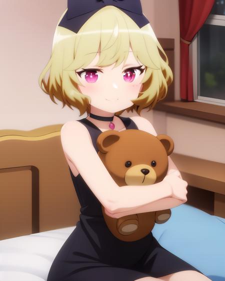 <lora:Tonari:0.9>
1girl, teddy bear,  blonde hair, dress, purple eyes, indoors, sleeveless dress, solo, sleeveless,  smile, curtains, bow, purple bow, short hair, closed mouth, window, blurry background, bare shoulders, black dress, blush, hair bow, object hug, purple dress, choker, bed, bare arms, bangs, sitting, star (symbol), hairband, on bed, bedroom