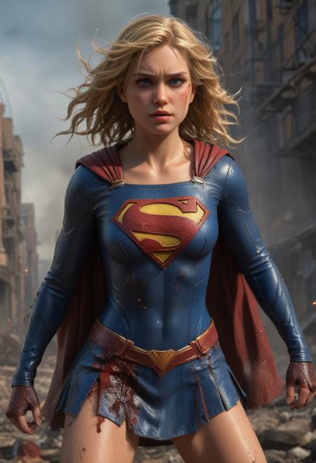 High resolution ultra-realistic of Beautiful Supergirl, sci-fi style, 8k, capturing the intensity of the moment, dramatic lighting, standing on a bloody and stormy battlefield in a fighting pose, fire, realistic combat costume, red mini skirt, perfect athletic figure, beautiful blonde Post-Apocalyptic Supergirl, fire, dirty face, full body, ultra realistic, cinematic style, athletic figure, DC style, beautiful Post-Apocalyptic Supergirl, fire, defiant and seductive, covered in dirty and blood, cinematic colors Lighting, extremely detailed, 8K, wavy blonde hair, realistic dirty bloody face, realistic blue eyes, beautiful Supergirl on in cool outfit, hyper-detailed, hyper-realistic, bright colours, Attractive 21 old years girl, Attractive, beautiful firm Breasts, Post-apocalyptic style, Post-apocalyptic sci-fi style, sharp focus, digital painting, Photograph Taken on Nikon D750, Alphonse Mucha, 8K, athletic figure, Hyperdetailed, hyperrealism, Attractive, Attractive bust girl, asymmetric balance