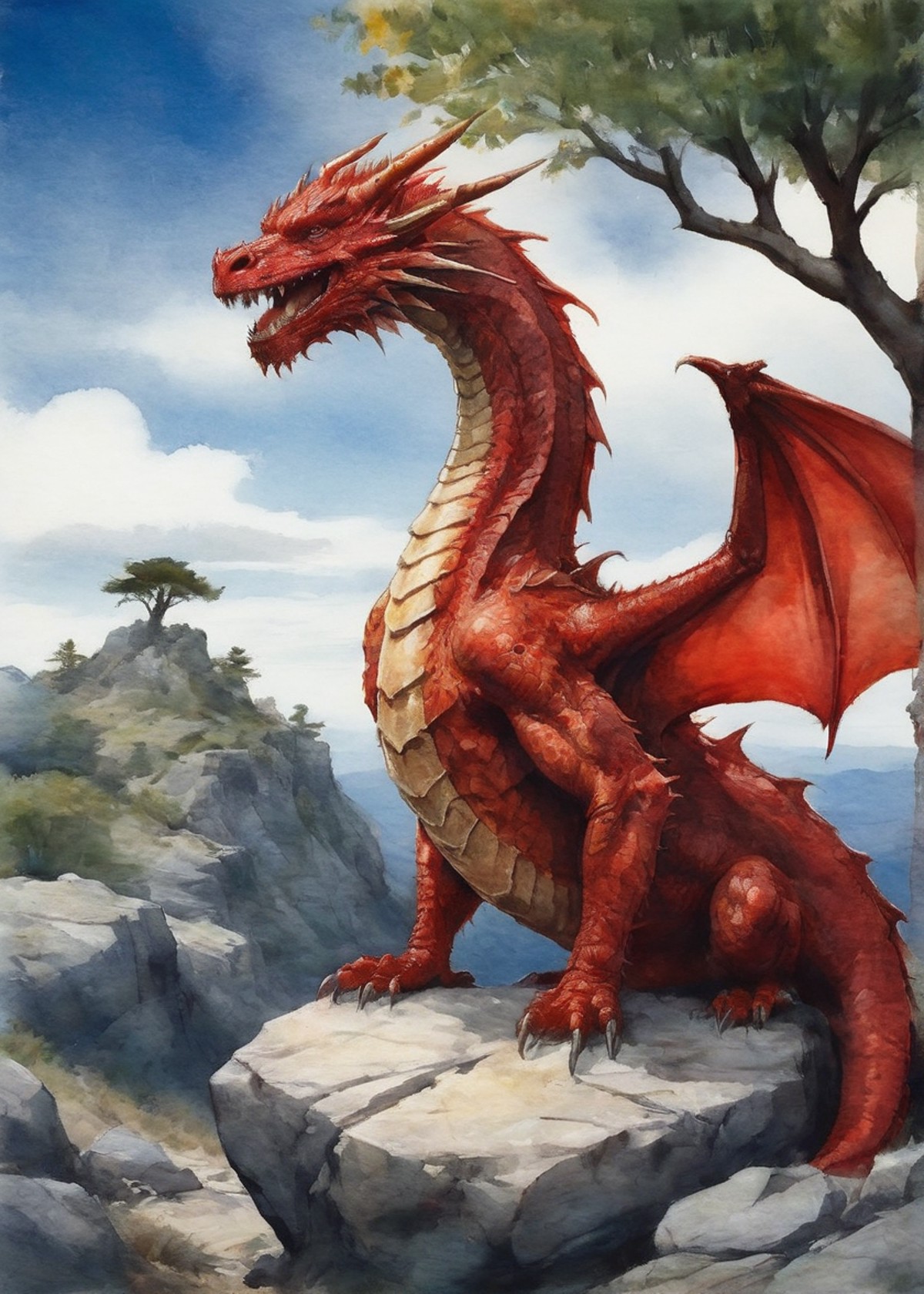red dragon perched on a rocky cliffside with a tree under a blue sky with clouds 