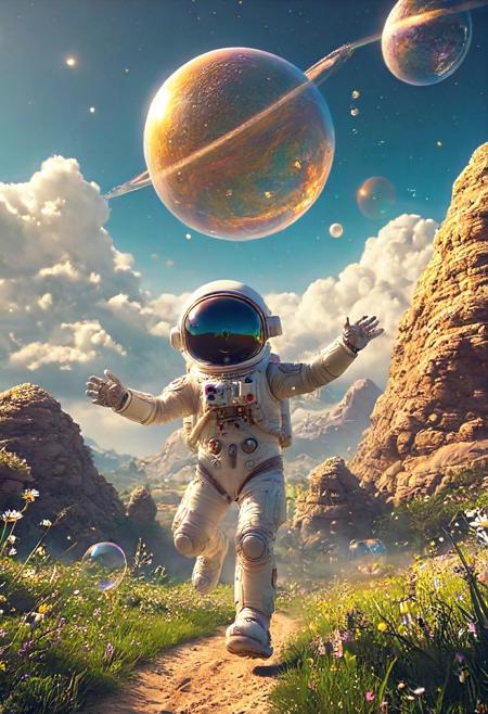 Run through my art's meadow of imagination
Detailed grassy plane dots background neutral toned canvas Asteroid dunes dotting distant galaxy -Miles beyond- Twinkling Starts bedizen cosmos' veil
Rushing Astronaut figure 3d render grinning happy pace Playful running towards giant Rotating Cube Disc Platform as big as building Nifty little spaceman, hi there!
Cherub chuckles mirthfully while arms wave excited hey, Super joyous! Giddy dash makes ground blur as whimsical cel shaded filter Bubble popping to greet Astrobot friend enthusiastically!
concept-art, A beautiful double exposure, awesome full color, 
fantasy, beautiful, painterly, detailed, textural, artistic, 
aesthetic, intricate details, highly detailed, ultra-detailed, absurdres, unreal engine, octane rendering, high saturation, high contrast, vivid, vibrant, volumetric lighting, sharp focus, 
aid291, midjourneyv6.1, 
made_of_bubbles