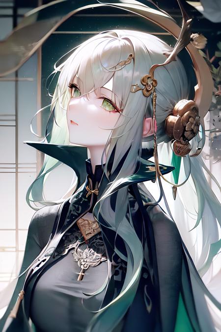 masterpiece, best quality, 1girl, green hair,bird, black_hair, cape, green_nails, long_hair, nail_polish, solo, very_long_hair,Chinese dress,jewelry