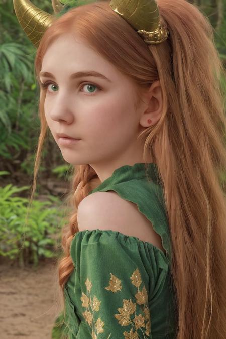 < <lora:Manya:0.8>, highly detailed background, (photo realistic:1.3), 1girl, (solo:1.3), realistic light, detailed eyes, green eyes, detailed face, long red hair gathered in two ponytails, an ornate sea-green dress, gold accessories, a pair of horns, magical jungle  elven forest background