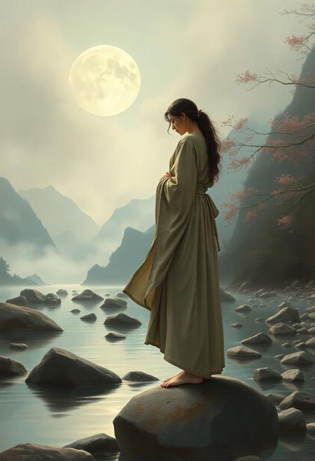 A serene portrait in the style of classical symbolist realism, featuring a graceful woman in flowing robes standing barefoot on river rocks beneath an ethereal sky. The composition is rich with soft, dreamlike atmosphere and surreal yet nostalgic storytelling. Muted antique colour tones—dusty blues, faded greens, and rose-tinted foliage—infuse the scene with timeless melancholy. Fine oil-painted textures blend with delicate linework, evoking the elegance of traditional East Asian ink paintings through a Western symbolist lens. The lighting is diffused and spiritual, casting a gentle glow across mist-covered mountains and still water. A mysterious and poetic composition unfolds—haunting, tranquil, and eternal.