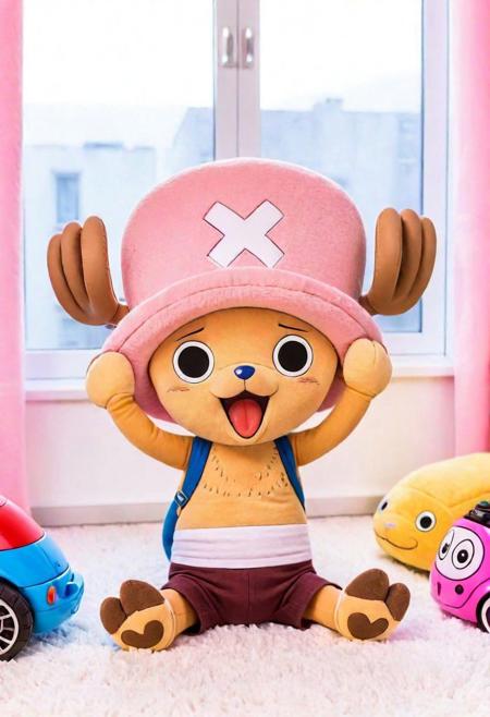 (Ultrarealist Animal:1.5) (Tony Tony Chopper:1.5) (Cute:1.3)In a bright child's room he is sitting on the floor, with some toys, he is very sweet, he is small, innocent and super cute, rays of light illuminate the little one coming from a window with white curtains, the room has a colorful bed a white and blue closet, there is a stuffed animal of the Karoo duck from One Piece next to it, as well as a lot of toys on the floor,8k,((( realistic hair))), ultradetailed background, beautiful photography, (soft fur:1.3), adorable, whimsical, affectionate, cuddling, (((soft fur))), tiny paws, expressive eyes, sunset glow,