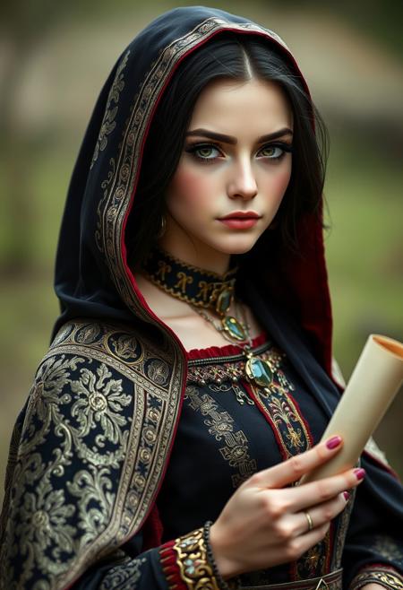 1girl,45 years old, cute, fit, beautiful stunning woman, lips curved at corners of her mouth, queen, full body, wearing a black and and crimson and gold cape with hood , intense green eyes, black hair, depth of field, (Female queen in the medieval fantasy style),(Medieval queen in fantasy style), sexy queen with small  breasts,  very long eyelashes, black eyeliner, extravagant ornament, slightly parted lips, elegant features, thin bones, (Medieval fantasy dress with a delicate patterned silver cloak), Off-shoulder, slender, Fixhand, delicate and perfect hands, holding a scroll in one hand, dominant, very detailed, detailed eyes,  high detailed texture, realistic, photorealistic, perfect eyes, real life realistic,