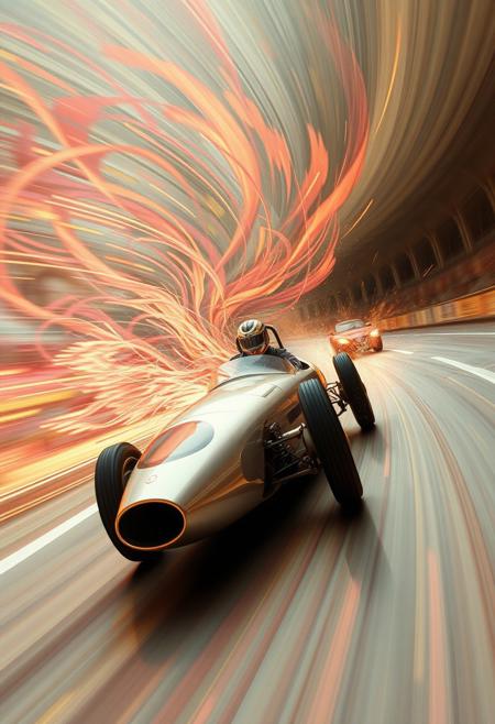 A racing car in motion, its form breaking into streaks of vibrant color and shifting arcs
surrealism, dreamlike, soft pastel tones, Art Deco elegance, whimsical compositions, ethereal lighting, painterly textures, photomontage elements, fantasy realism, fluid feminine forms, delicate linework, intricate details, vintage glamour, muted yet vibrant color palette, symbolic imagery, romantic atmosphere, surreal storytelling, imaginative landscapes, stylized beauty, high-fashion aesthetics, visual poetry