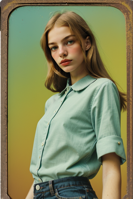 HannaLortki, ((22 years old)), Century Camera Co. Studio, 160mm f/8, 1/10s, ISO 25, ((tintype, portrait, full color, bold color, yellow, green, gradient)), blouse, ((geometric halftone background))