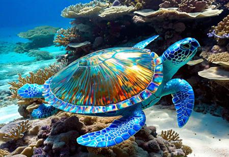 Blue glass turtle under water,
Broken glass effect,
 coral reef in the background,
stunning,
something that doesn't even exist,
to be mythical,
energy,
molecular,
textures,
iridescent and luminescent scales,
breathtaking beauty,
pure perfection,
divine presence,
unforgettable,
impressive,
breathtaking beauty,
Volumetric light,
will have,
rays,
bright colors reflect