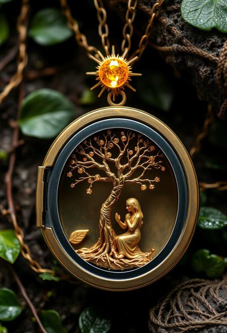 A delicate, hyper-stylistic necklace and locket, crafted from the very essence of nature, lies before us. The necklace, a intricate, woven chain of vines and leaves, represents the lush, vibrant foliage of the natural world. The locket, a beautifully crafted, miniature tree, stands as a symbol of the harsh, yet beautiful, power of nature. At the base of the tree, a tiny, golden woman with long flowing hair, kneels in reverence, her hands clasped in prayer. Above the tree, a radiant, yellow diamond sun glows, casting a warm, ethereal light over the entire scene. The diamond sun is surrounded by delicate, etched rays, adding a touch of precision craftsmanship to the locket. Every detail of the locket is meticulously rendered, from the delicate, branching limbs of the tree to the tiny, shimmering leaves that rustle in the breeze. The overall effect is one of breathtaking, organic beauty, as if nature itself has been distilled into this exquisite, wearable work of art. highest-Quality, intricate details, visually stunning, Masterpiece