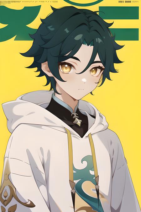 masterpiece, best quality,8k, xiao, 1boy, parted bangs, upper body, genshin impact, male male focus, 1boy, yellow eyes,
(hoodie:1.2), (magazine cover:1.0),
simple background,