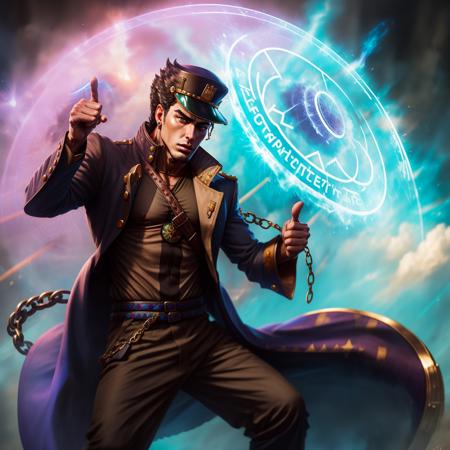 <lora:forcefield-10:0.9> forcefield, 1 arm raised,   magic circle,  <lora:jojo_jotaro_kujo:0.8> kujo jotaro, muscular male, hat, green eyes, school uniform, gakuran, long coat, jewelry, earrings, chain, 1boy pointing, finger pointing