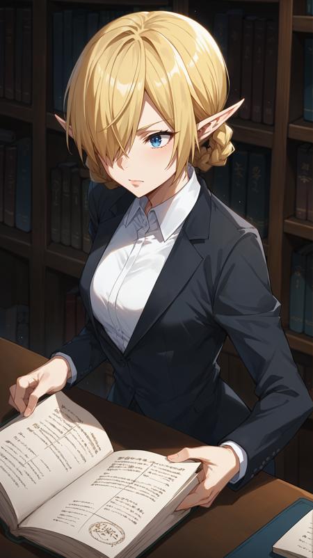 blonde hair hair up braids pointy ears elf ears hair over one eye blue eyes white collared shirt black suit suit jacket suit pants