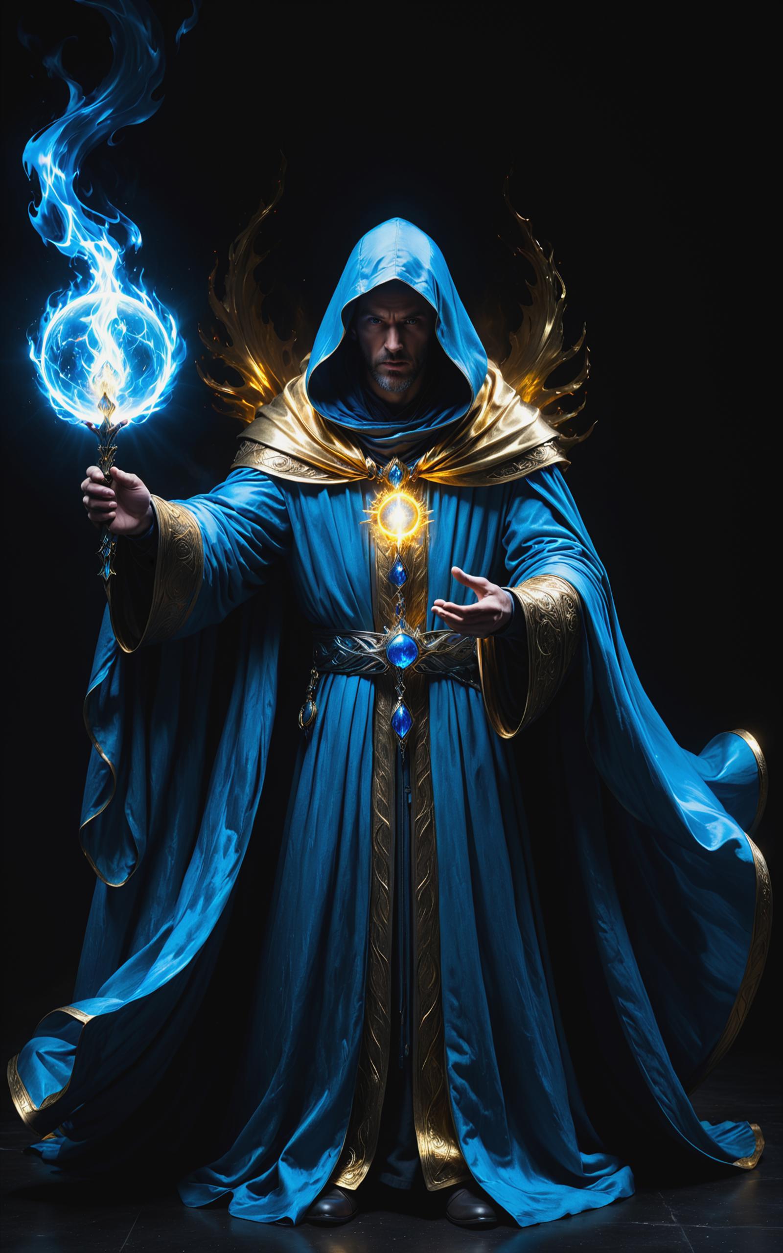 A man in a blue robe holding a wand.