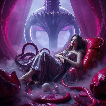 classy rich slender elegant russian baroness in glossy liquid satin provocative rich 1950s nightgown with lace inserts   and  glossy high heels, entangled in long tentacles, laying  reclined in weird red foil pillows, covered with giant ultrathin transparent glossy slime veils, under tantacles canopy,  giant portal to outer space, fog from the floor, giant purple alien carnivorous flower with glossy spiked petals at background, weird alien hive slime walls and fleshy floor, horror, fashion look, hollywood, vogue makeup, long haired, ultrathin waisym reminiscent of H.R. Giger, Zdzisław Beksinski, and Ash Thorp's dark, sleek styles, with close-up glamour photography, glossy satin and silver heels glistening, fleshy slime dripping, and dark shadows.