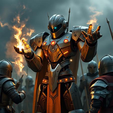 highly detailed, a high-tech robot in a medieval world conjuring a spell, two arms, the robot contrasts with the world around it, there are medieval warriors with armor around