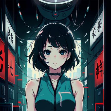 black eyes, cute animation 1girl, Cyberpunk, City,  best quality, Tokyo, Air port, Blue light, Day break, (((rough sketch))),