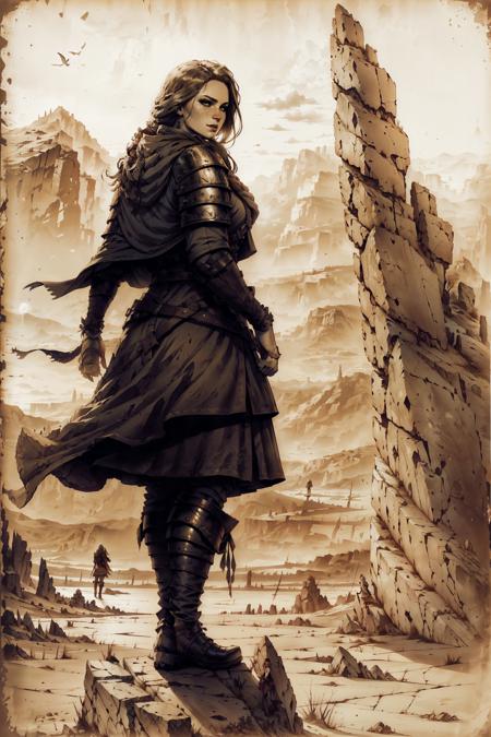 (masterpiece, top quality, best quality, official art, detailed:1.2), <lora:cerys:0.7>, cerysW3, solo, 1girl, boots, cape, armor, standing, rocks, back view, sepia, illustration, mountain, sea