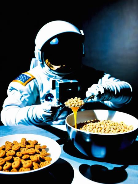 With deliberate precision, the astronaut:1.2 pours cereal into a bowl:1.1, the milk:1.15 splashing gently, a cosmic breakfast ritual. , <lora:Astro_Life:0.8>