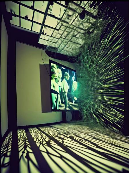 <lora:VIDEOINSTALLATION:1>VIDEO INSTALLATION style vintage footage 1970's, empty room with magnetic tape strands stretched across,