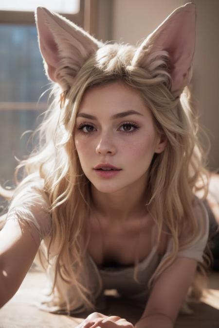 swedish girl, laying on grass, crawling, on all four, albino, eyes close-up, looking up, portrait, white loose light translucent summer dress, <lora:extendeddownblouse_v10:1>, small breasts, flat chest, selfie, big hair, long messy white wavy hair, huge very long silky fennec ears, animal ear fluff, fox tail, depth of field, big ice color eyes with long white eyelashes, white eyebrows, round rich big plump parted pale glossy lips, very strong freckles, curious, cute, innocent, outside, sun from the side, rim light.
(RAW photo:1.2), (photorealistic:1.4),(masterpiece:1.3),(best quality:1.4),ultra high res,(detailed eyes),(detailed facial features),HDR,8k resolution, solo focus, skin tight, (shiny skin),(slender girl), dreamlike, (extreme detailed illustration),
extreme detail, very sharp, hyper realistic, colorful, saturated, bloom, lens flare, bright