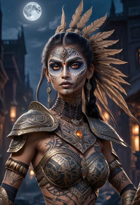 3D anime-style, Amazoness warrior with indian makeup, very tall and muscular, tribal tattoo, stunning beauty, high detail, dynamic composition, intricate textures, regal pose, dark surrounding, low light, nighttime setting, realistic shadows, ethereal, strong and graceful, wearing skeletal armor, city background, confident and majestic, ultra-quality, expressive eyes, detailed skeletal makeup, moonlight, thick fog, light particles shining from the moonlight