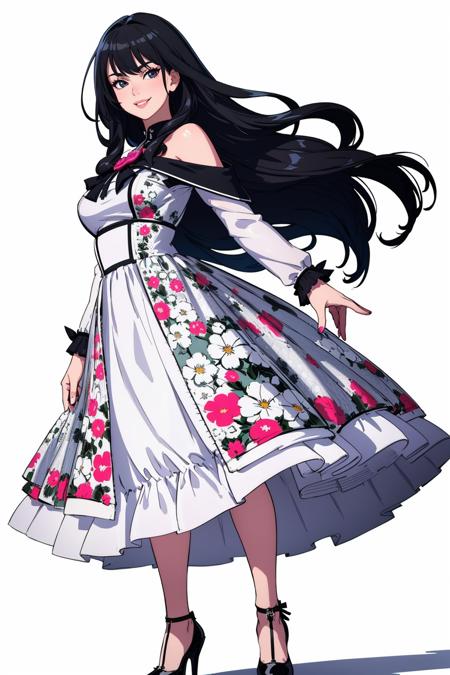 ((Masterpiece, best quality,edgQuality)),smirk,smug,
edgVTD, 1girl, solo, long hair, smile, simple background, black hair, white background, standing, full body, high heels,floral print dress ,wearing edgVTD
<lora:edgVintageTeaDress:1>