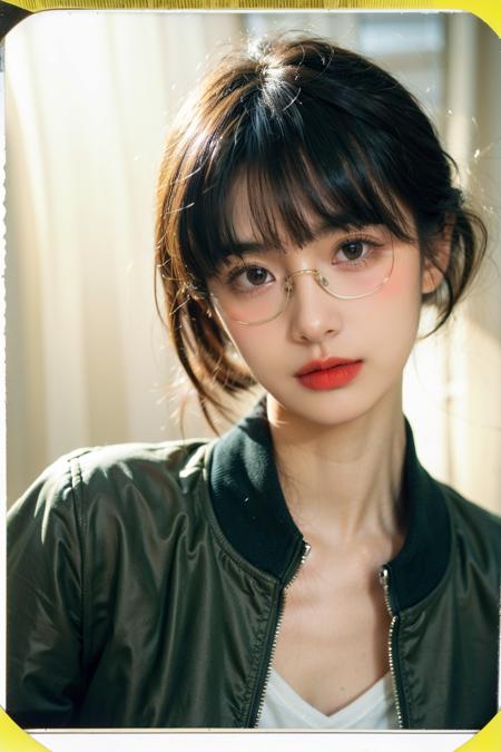 portrait, hard candy, playful face, (green eyes:0.5), ((dark scene, soft lighting:1.3)), short hair with bangs,  glossy lips, olive green retro bomber jacket,  ((polaroid photo)), thick acetate glasses
