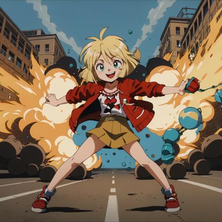 open jacket,grenade,explosion effect,
masterpiece,high quality,solo,outdoors,
<lora:mayhopkins001:0.7>,looking at viewer,smile,
mayhopkins,1loli,
short hair,bob cut,blonde hair,aqua eyes,
red jacket,shirt,
skirt,
shoes,