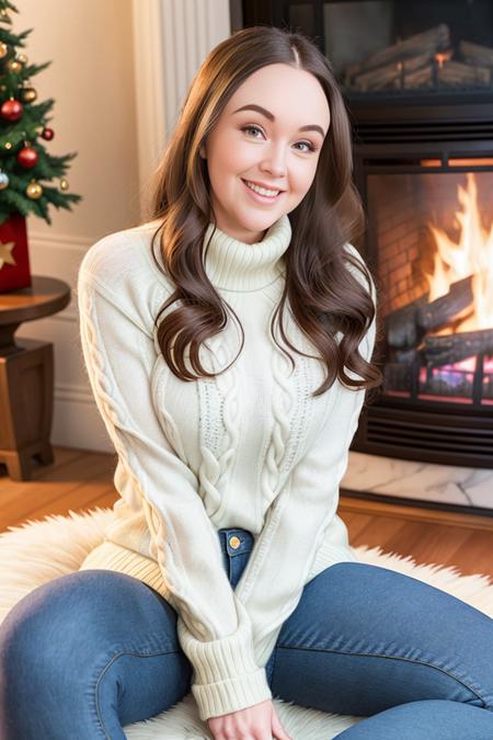 megt, comfy sweater, jeans, smiling, fireplace background