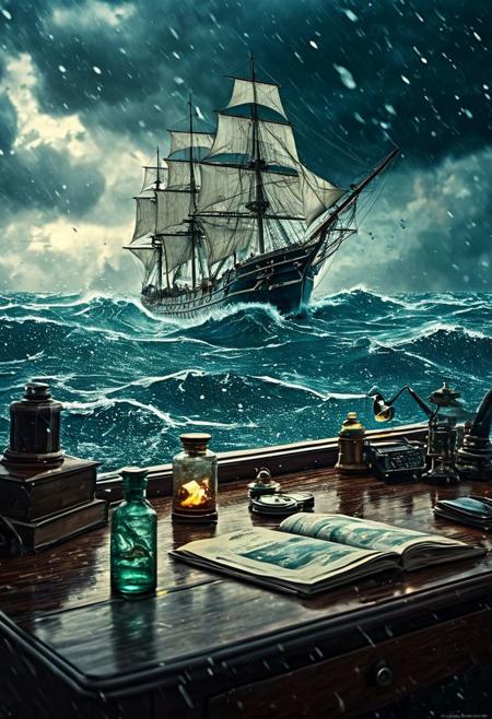 A breathtaking image of a ship sailing on extremely dangerous and choppy seas contained within a bottle on a desk, a storm overhead, highly detailed, high quality surreal image, movie poster style