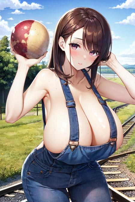 masterpiece, best_quality, 1girl, solo, naked overalls, bare shoulders, titian hair, gigantic breasts, spherical, on railroad tracks