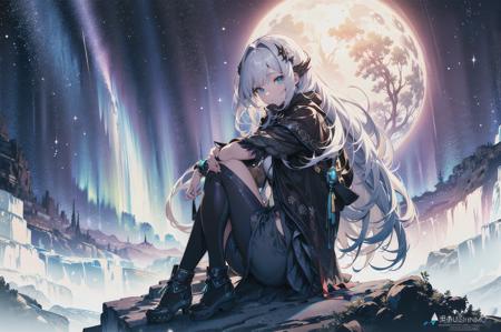 1girl, mature, long silver hair, night, mountain, aurora, moon,((random camera shoot1.4)),(random body pose:1.4),<lora:add_detail:1> girl sitting on rock at peak of mountain during night looking up of sky aurora, volumetric lighting, dynamic lighting, dynamic composition, reflection, caustics, subsurface scattering, (masterpiece, best quality, ultra-detailed, best shadow), high contrast, (best illumination, an extremely delicate and beautiful), ((cinematic light)), colorful, hyper detail, dramatic light, intricate details, stunning gradient colors, no watermark signature,(detailed background),(ultra detailed), (best shadow:1.1)+++++,(high contrast)+++,(best illumination)+++,