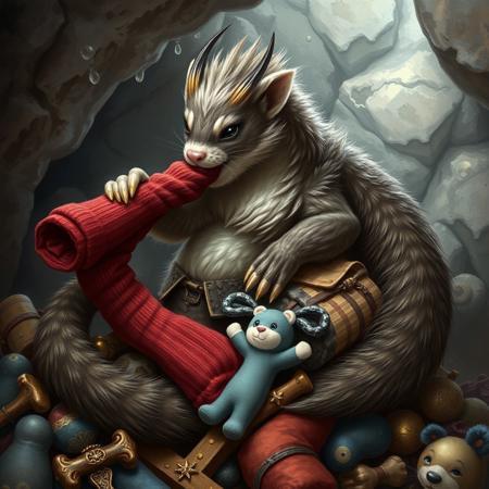 A dragon ferret hybrid, a furry dragon with ferret features, a ferret evolved into a dragon, stealing a rolled up sock, hoarding trinkets and toys mixed with treasure, grabbing red sock, grey  brown  and white colored fur, furry tail, laying on top a pile of hoarded treasure with socks and plushies, cave background