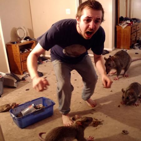 <lora:XL_bossmanjack_v6:1>, b0ssmanjack fighting off giant rat on beach, screaming, 1boy, facial hair, real life insert, brown hair, juice bottles on floor, rats feasting, humanoid rats scurrying around floor, standing